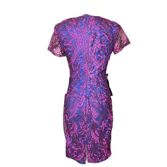 JS Collections Short Sleeve Blue Pink Overlay Metallic Sheath Cocktail Dress - Picture 4 of 12